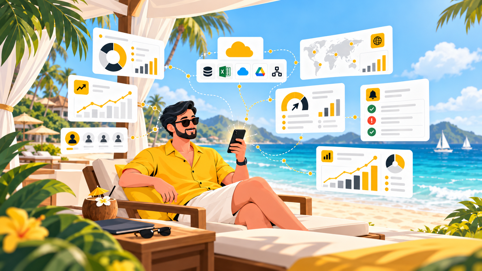Business owner monitoring live business analytics on mobile while travelling